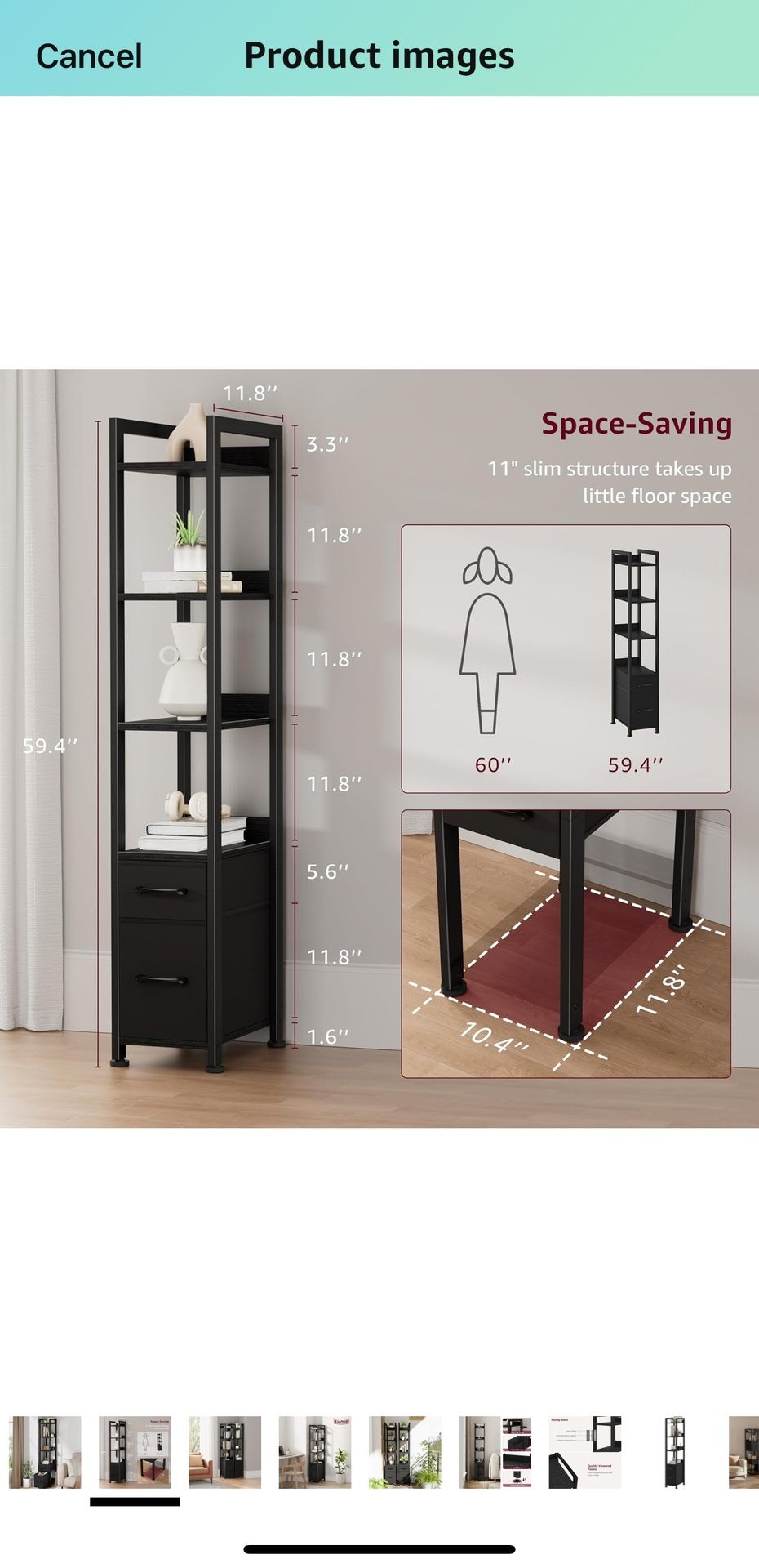 5 Tier Thin Book Shelf With Fabric Storage Drawer