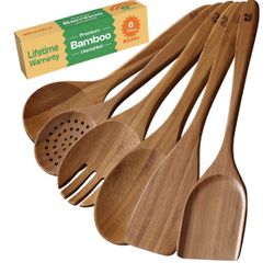 Riviera Brown Bamboo Wooden Cooking Utensils Set Of 6 Premium Quality, Non-Toxic, Heat -Resistant Wooden Spoons And Spatula for All Cookware