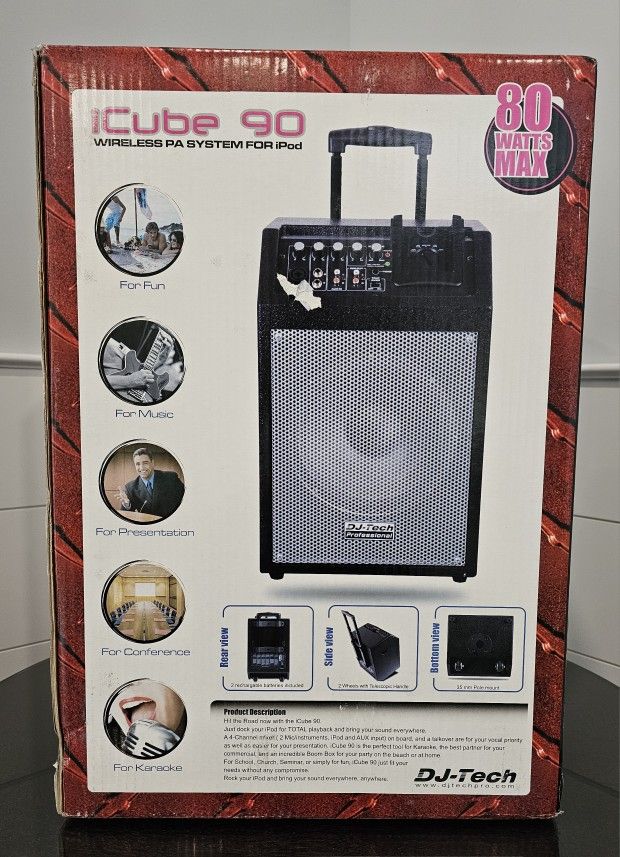 NEW DJ Tech ICube 90 Wireless Portable PA System Ipod, AUX, MIC Handle & Wheels 