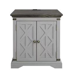 FST23901 Farm House 24 in. Wild Gray Square Side Table Wood Top End Table with Adjustable Shelf and Charging Station