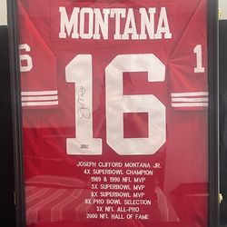 Joe Montana Signed Framed STAT Jersey Display #16 49ers Autograph Shadowbox