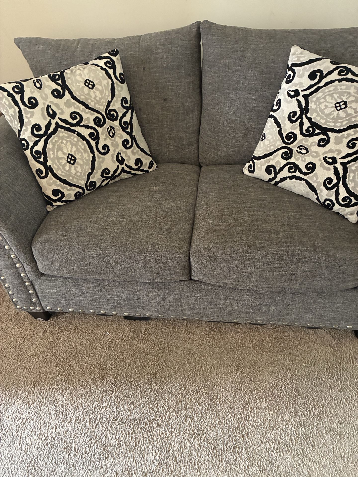 Couch love seat n chair for sale grey w nail heads