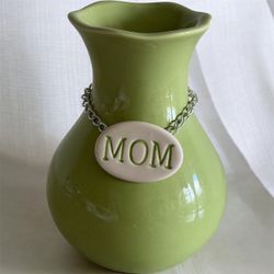 Green Ceramic Mom Vase with Chain Tag
