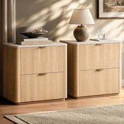 Night Stand Set of 2 with 2 Drawers, 23.6" Faux Travertine Top 23.6" Bedside Table with Faux Travertine Texture Top, 2 Smooth-Glide Drawers & Metal Ha