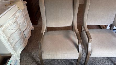 Pair of Bernhardt Wingback Host Chairs – Weathered Oak & Linen – $450