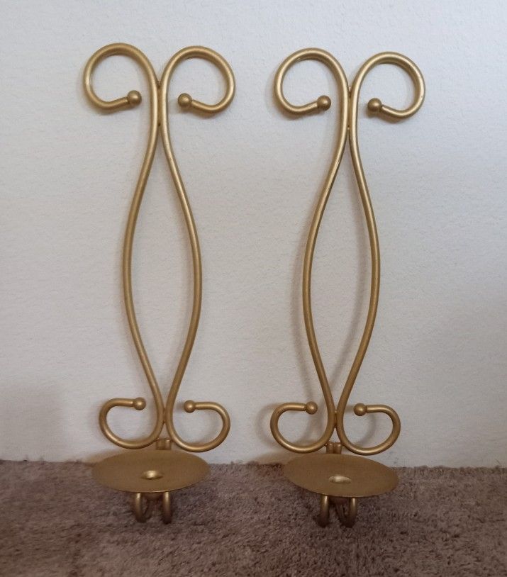 Vintage Metal Gold Tone Wall Sconce Candle Stick Holders