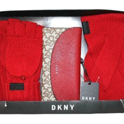 New DKNY Signature Wallet Headband Fingerless Mitten Gloves Red Boxed Set $148 
