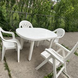 5 Pieces: Outdoor Table + 3 White Chairs + Adjustable Back Foldable Chair  – $65 Total