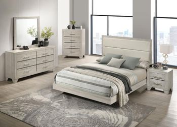 🤍 New Rustic Cream Queen Bedroom Set — Floating Bed with Bouclé Headboard