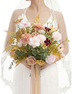Pink Wedding Bouquets for Bride, Powder Pink & Sand Beige Bridal Bouquets, Small 13 Inch