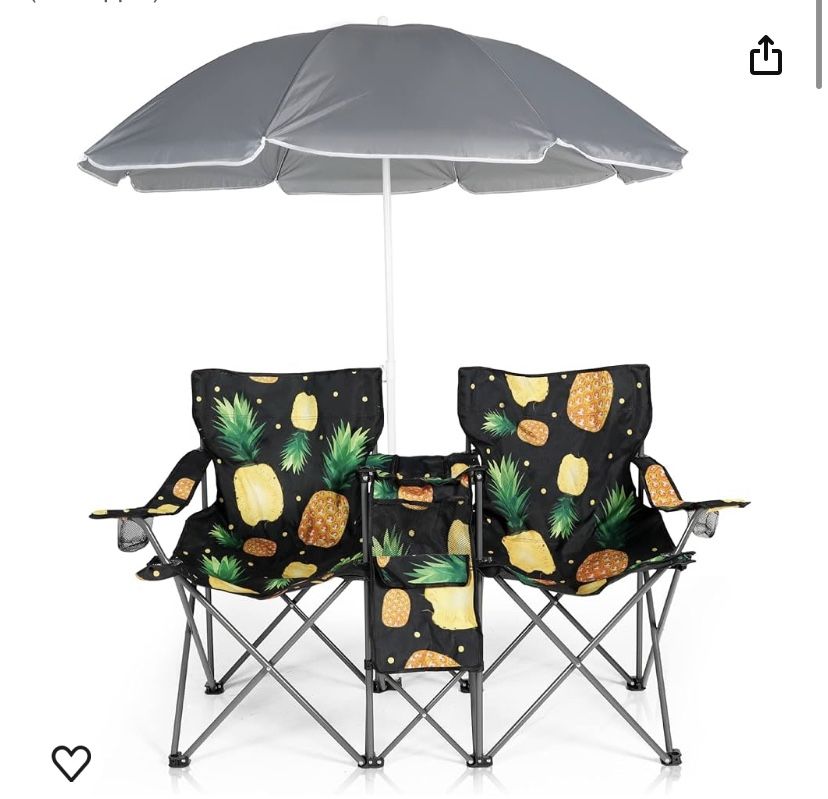 Double Folding Camping Chair W/Umbrella Fold up Table Beverage Holder Carrying Bag Cooler,Pineapple