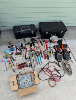 Large Tool Lot w/ Tool Boxes, Hand Tools, Knee Pads, Jumper Cables