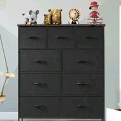 9 Drawers, Bedroom Drawer Dresser ,Organizer,Chest of Drawers wth Fabric Bins, Steel Frame Wood Top