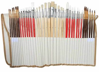 Bristle Artist Paint Brushes with Canvas Case Wooden Art Supplies for Oil Acrylic Watercolor Painting