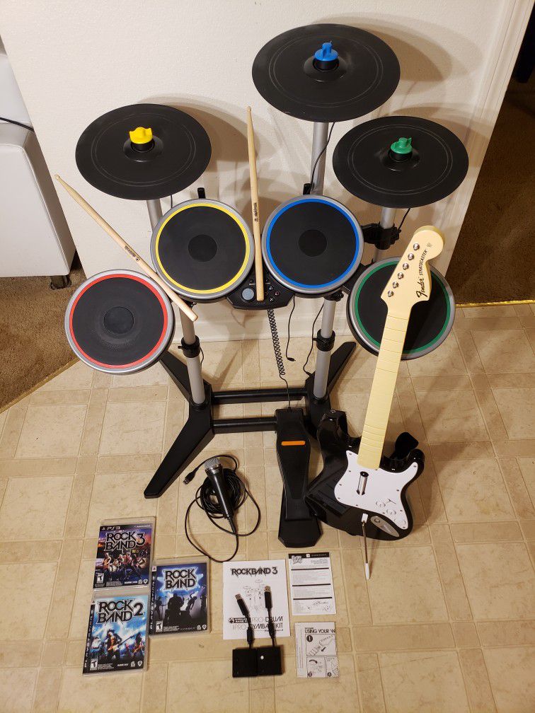 RARE Rock Band 3 PS4/PS3/PS5 Bundle Pro Drums Guitar Game Cymbals COMPLETE+Games..