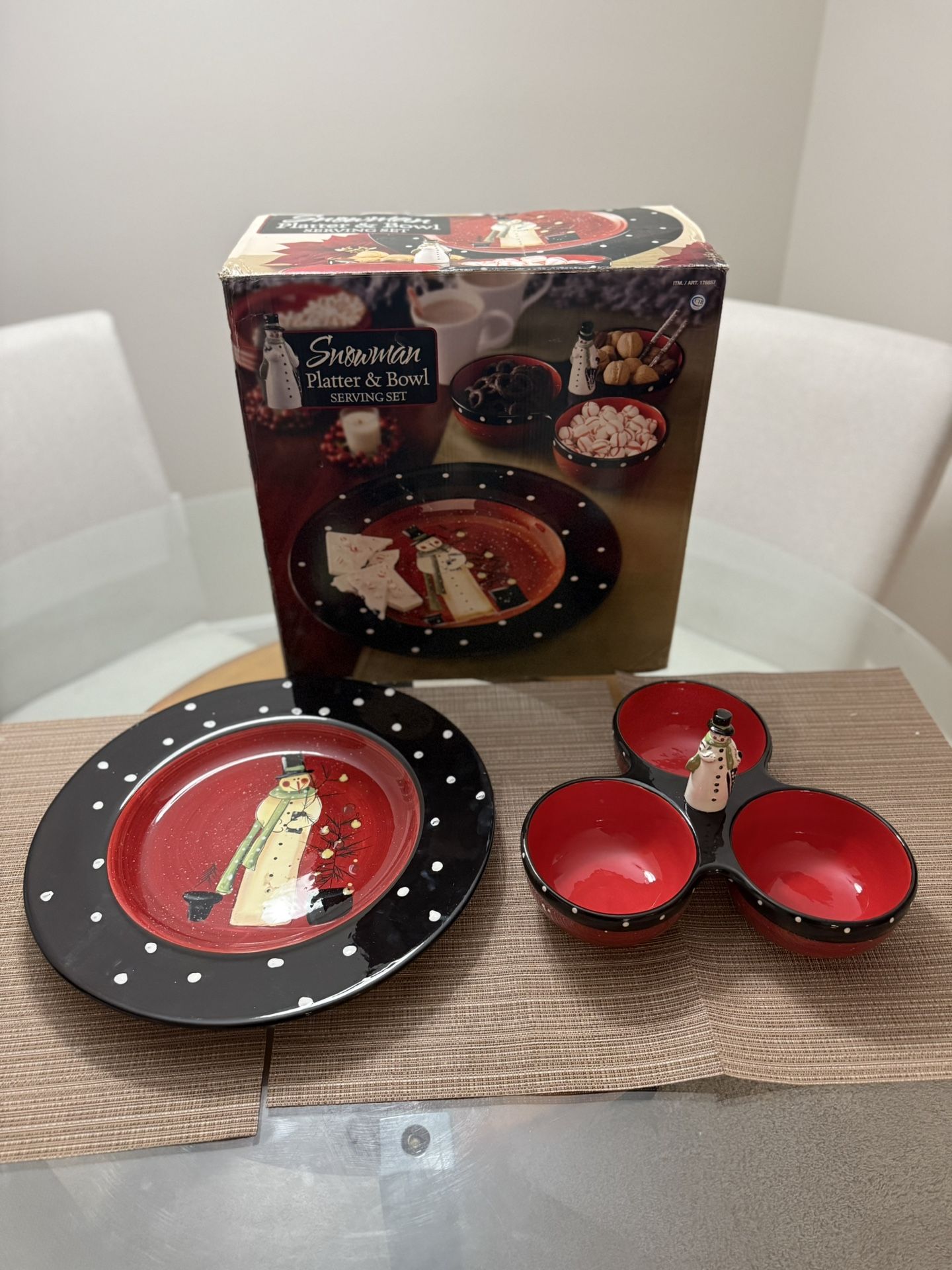 Certified International Hand-Painted Snowman Platter & Bowl Set – $75