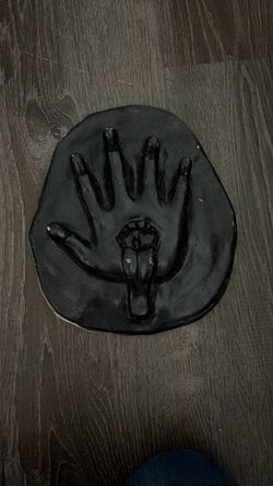Black Clay Hand with Mouth Sculpture