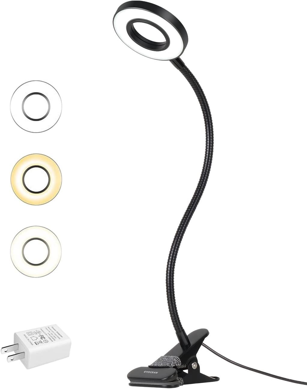 LED Reading Light, Dimmable Clamp Light for Bed Headboard, Bedroom, Office, 3 Modes & 9 Dimming Levels, Flexible Clip Desk Lamp, Adapter Included (Mat