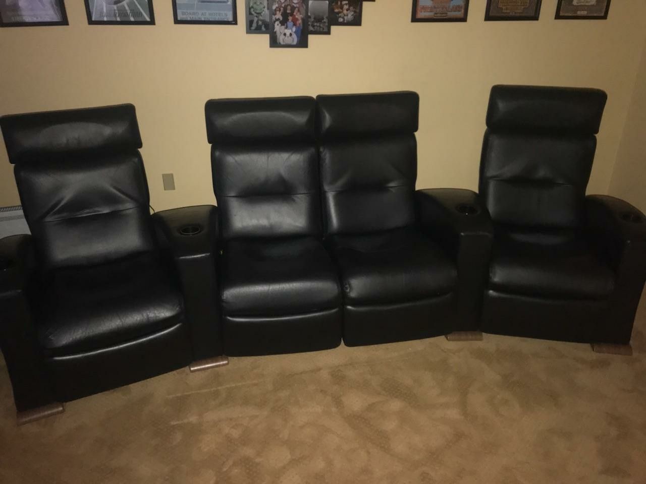 Theater room Black leather recliners sofa with cup holders