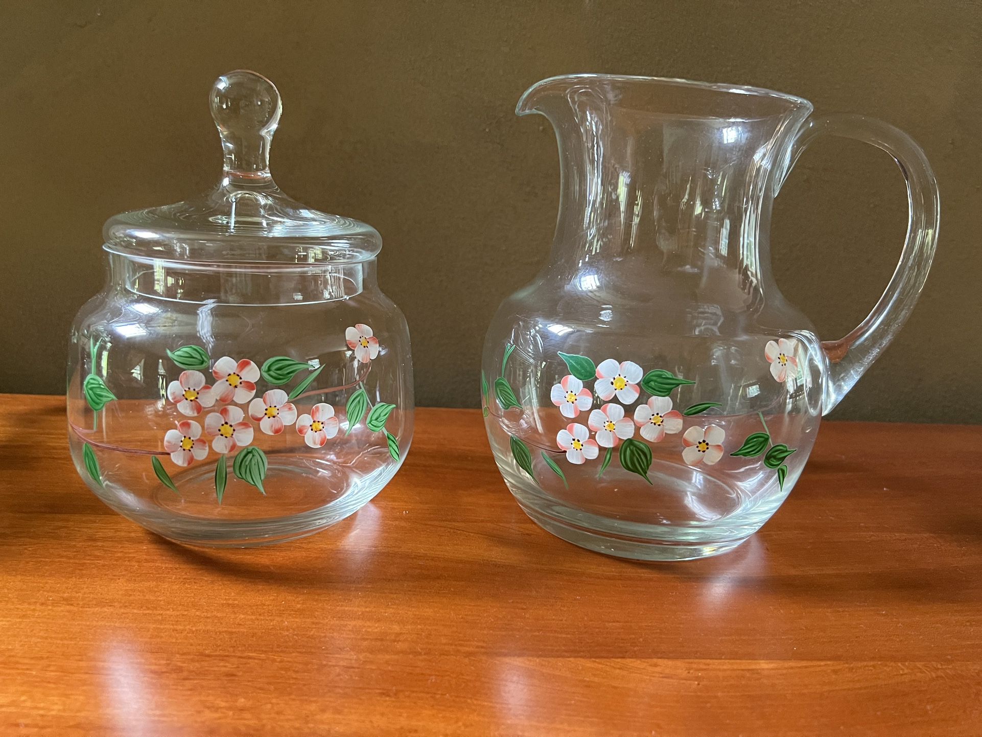 Hand-Painted Glass Pitcher & Candy / Cookie Jar