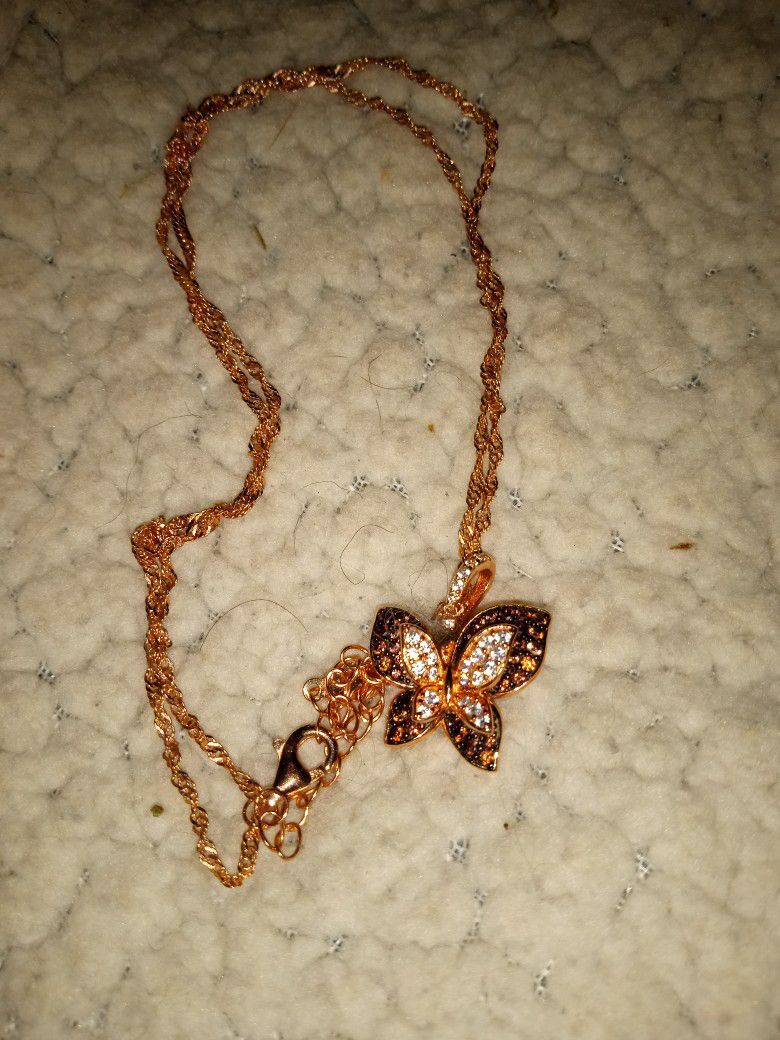 Simulated Moco And White Zircon Butterfly Pendant Sterling In Rose Gold
