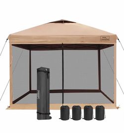 10x10 Pop-Up Canopy Tent, Waterproof Portable Shade with Screen Walls, Adjustable Instant Outdoor Shelter for Camping, Backyard, and Events, Khaki