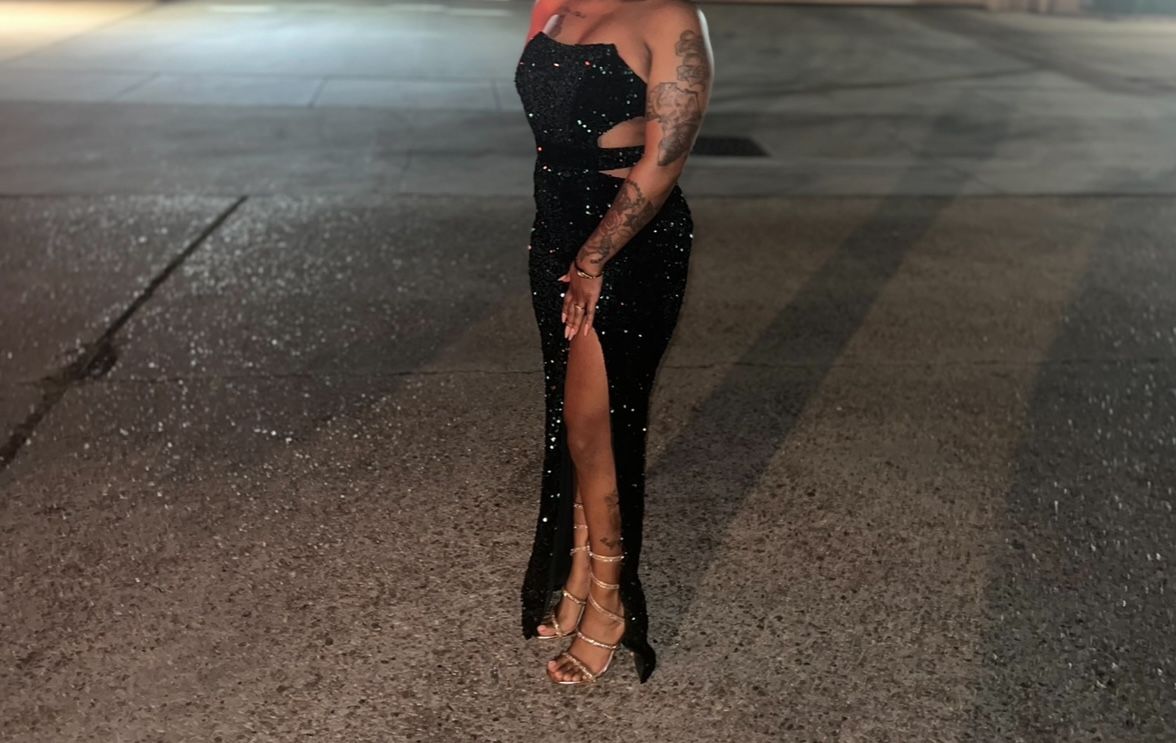Sequin Maxi Dress With Matching Purse And Earrings