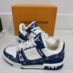 Louis Vuitton Blue/White Monogram Leather & Denim Trainers Size 6.5 (EU Sizing)