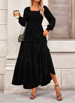 Long Black Swiss Dot Long Sleeved Dress w Pockets Size 2XL
