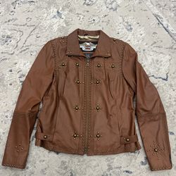 Harley Davidson Womens L Full Zip Leather Jacket Studded Brown Biker Riding