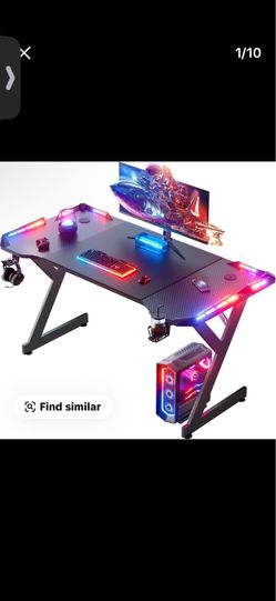 Gaming Desk with LED Lights, Home Office Gamer Desk, Ergonomic Computer Table with Large Carbon Fiber Desktop, Office Workstation, Cup Holder & Headph