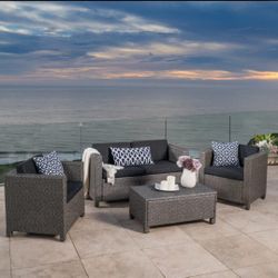 PATIO SET  GRAY W BLACK  cushions INCLUDED