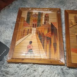 2 Rural Scenes With Buildings Art Work Made With Inlaid Wood In Frame