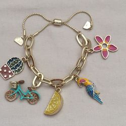 Brand New — Very Cute GOLD TONE Adjustable Bicycle Bird Charm BRACELET