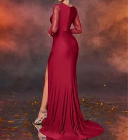 Red Formal Gown with Sheer Beaded Sleeves