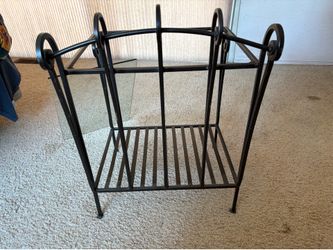 Vintage Black Wrought Iron Glass Top Side/End Table - 20”W x 16”D x 28”H, Removable Tempered Glass, Lower Shelf