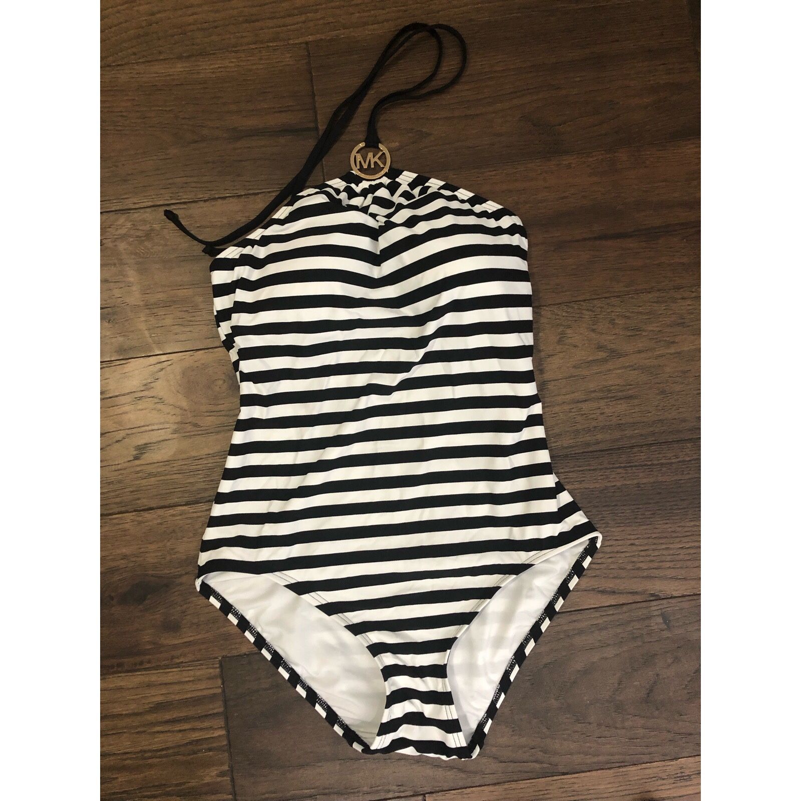 New michael Kors Black Striped 1 piece swim suit Sz 10