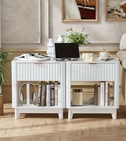 Set Of Two Modern Fluted Nightstand Side With Drawer And LED Light / New In Original Box.