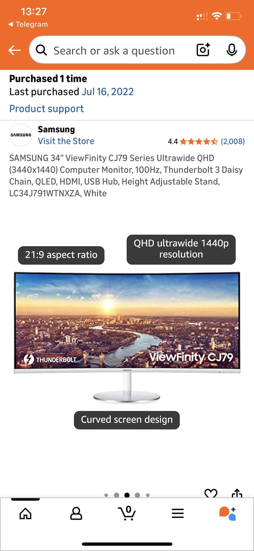 Samsung 34” Ultrawide Curved Monitor – QLED, 100Hz, Thunderbolt 3
