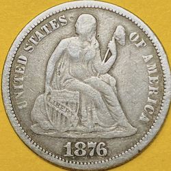 1876 U.S. SEATED LIBERTY SILVER DIME 10c COIN (VF-Very Fine)