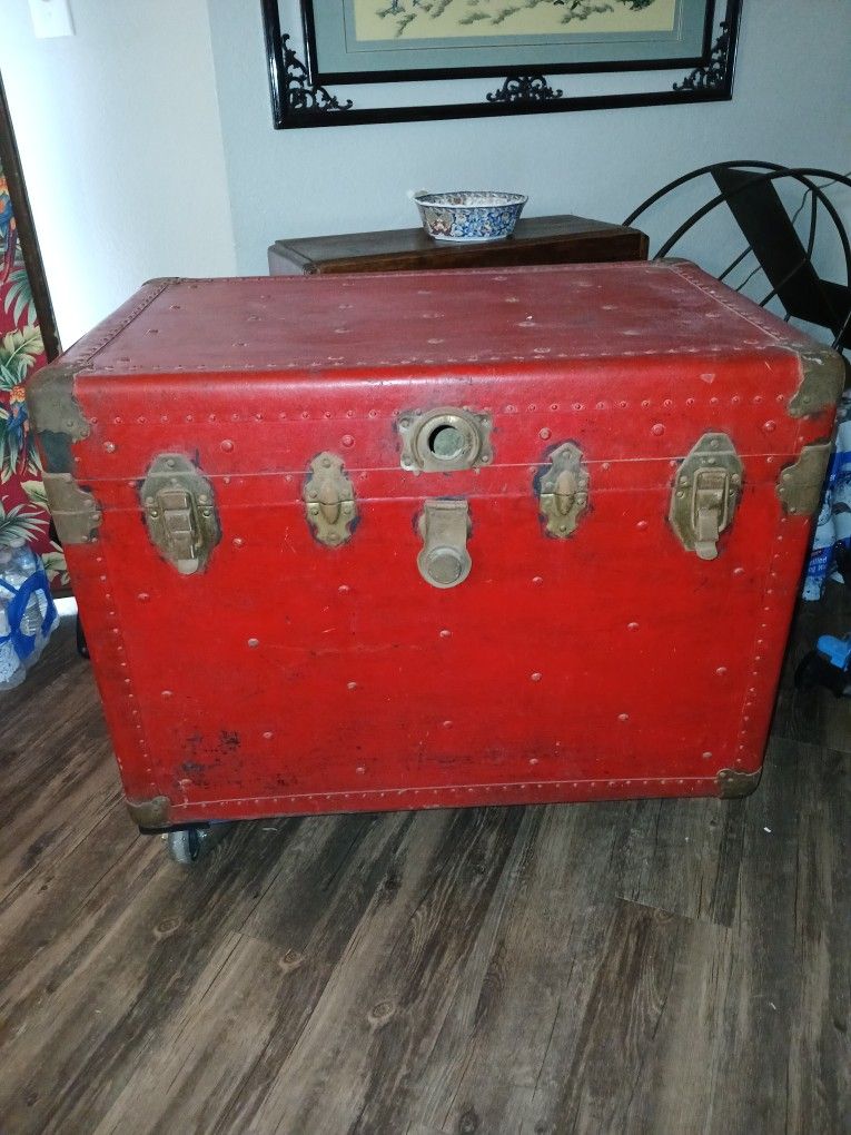 Antique Red Flat Top Steamer Trunk 