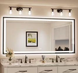 KeonJinn 72 in. W x 36 in. H Rectangular Framed LED Lighted Bathroom Vanity Mirror with Light in Black with Backlit and Anti-Fog