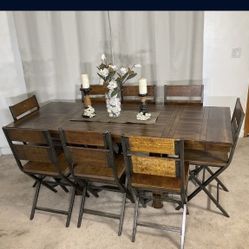 High Rustic Industrial Dining Table With 2 Extensions & 8 Chairs 