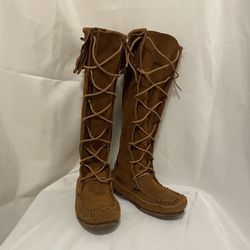 18” Vibtahe 60s Cats Paw Suede Lace Up Moccasin Boots 