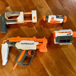 Nerf Modulus Lot Including Single Action Nerf Gun, Stock Extender, Barrel Extender And Scope.