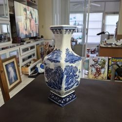 Stunning Early 20th Century Chinese Vase Blue & White Chinoiserie Scenic Gardens High Quality Porcelain 14"H X 5.25"W Weighs 5LBS 2OZ
