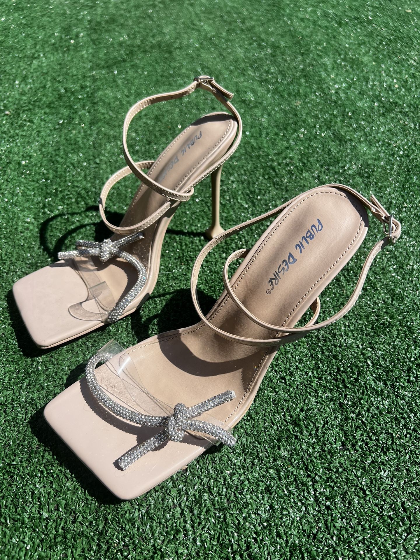 Public Desire Elegant Tan and Silver Heels with Ankle Strap