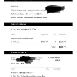 2 Tickets For Coachella Saturday Sunday 