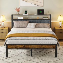 Queen Size Bed Frame with Storage Shelves Headboard, Platform Bed with Charging Station No Box Spring Needed Noise Free