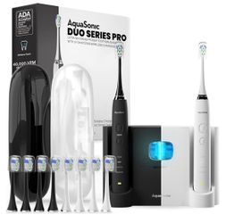 AquaSonic DUO PRO – Ultra Whitening 40,000 VPM Electric ToothBrushes – ADA Accepted - 4 Modes with Smart Timers - UV Sanitizing & Wireless Charging Ba